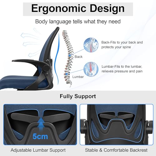 Office Chair Ergonomic Desk Chair with Flip up Armrests Swivel Breathable Desk Mesh Computer Chair with Adjustable Lumbar Support and Height for Conference Room (Navy) - color: Navy