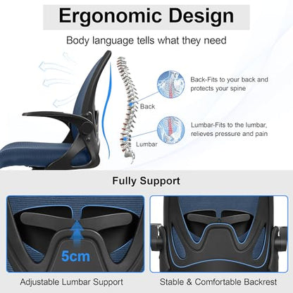 Office Chair Ergonomic Desk Chair with Flip up Armrests Swivel Breathable Desk Mesh Computer Chair with Adjustable Lumbar Support and Height for Conference Room (Navy) - color: Navy
