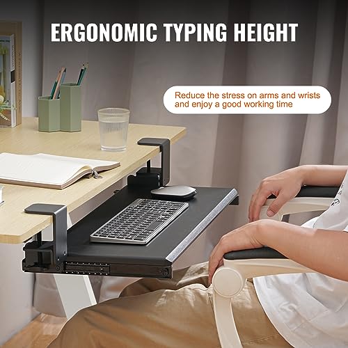 VEVOR Clamp on Keyboard Tray Under Desk, Desk Keyboard Tray Slide Out with Sturdy No-Drill C Clamp Mount, Large 26.8 x 11 inch Slide-Out Computer Drawer for Typing in Home, Office Work - style: C-CLAMP