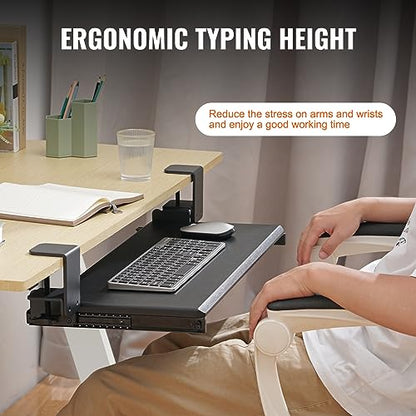 VEVOR Clamp on Keyboard Tray Under Desk, Desk Keyboard Tray Slide Out with Sturdy No-Drill C Clamp Mount, Large 26.8 x 11 inch Slide-Out Computer Drawer for Typing in Home, Office Work - style: C-CLAMP