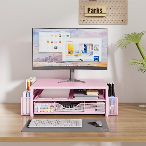 OPNICE Desk Organizer and Accessories, 2-Tier Computer Monitor Stand Riser with Drawer and 2 Pen Holders, Laptop Stand, Office Desk Accessories for Office Supplies, Pink - color: Pink 1-Pack, size: 18" x 9.1" x 5.6"
