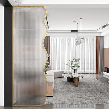 Translucent Glass Room Divider with Metal Frame, Freestanding Partition for Home Office Decoration