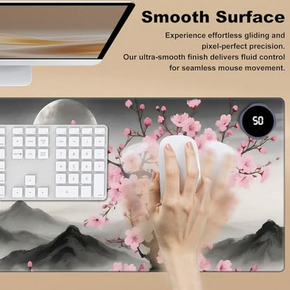 Heated Desk Pad 31.5" x 13" 3 Large Heated Mouse Pad with Heat Levels (40°C/45°C/50°C) & 3H Auto Shut-Off Desk Mat Fast Heating PU Leather Warmer Mousepad for Home Office - Cherry Blossom and Moon - color: Cherry Blossom and Moon, size: 31.5 x 13 inch