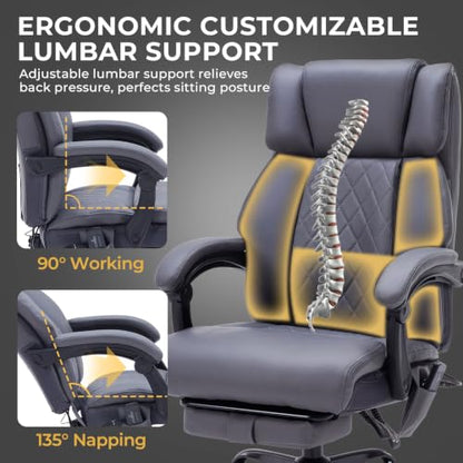 Massage Office Chair with Foot Rest & Heating, Ergonomic Reclining Leather Executive Desk Chair, Vibration Massager Big & Tall Gaming Computer Chair for Home Office, 6-Point Gray - color: Gray02