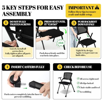 AceOrbit 2 Pcs Foldable Office Chair with PU Wheels Lumbar Support, Armrest, Thick Breathable Mesh Seat Chair for Office Meeting, Conference, Training Room, Black
