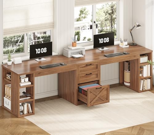SEDETA Farmhouse 96.5" 2 Person Computer Desk with Drawers for Home Office | Gaming Double Desk with Storage Shelves, Long Two Person Writing Desk, Brown - color: Brown