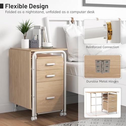 GIANTEX Folding Desk for Small Space, Rolling Home Office Desk with 3 Drawers & Lockable Universal Wheels, Mobile Study Writing Desk for Dorm Apartment Bedroom (Natural) - color: Natural