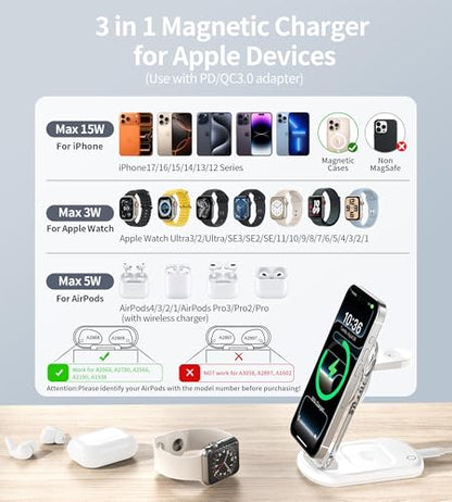 Mukiya 3 in 1 Magnetic Wireless Charging Station for Apple Devices | Fast Travel Charger Stand with Night Light for MagSafe-enabled iPhone 17 16 15 14 13 12 Series, Apple Watch/AirPods Pro, WH - color: White