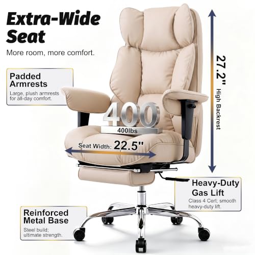 Efomao Executive Office Chair 400lbs,Beige Big and Tall Desk Chair | Mattress-grade pocket spring cushion, sleek leather, 135° recline & footrest for computer gaming setup. - color: 3084p-dark Beige