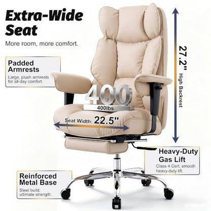 Efomao Executive Office Chair 400lbs,Beige Big and Tall Desk Chair | Mattress-grade pocket spring cushion, sleek leather, 135° recline & footrest for computer gaming setup. - color: 3084p-dark Beige