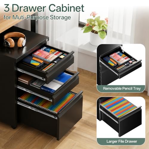 3 Drawer Mobile File Cabinet with Lock, Fully Assembled - color: Black