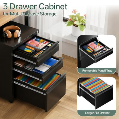 3 Drawer Mobile File Cabinet with Lock, Fully Assembled - color: Black