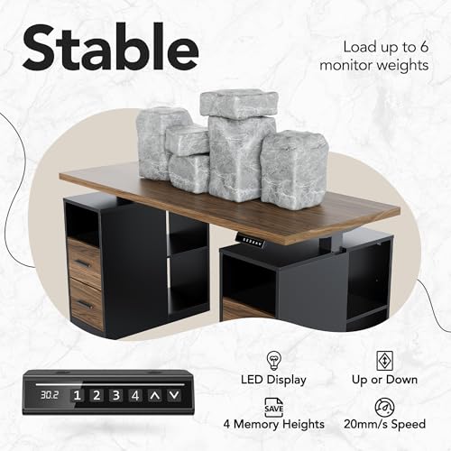 HUANUO 55" Standing Desk with Drawers, Executive Electric Height Adjustable Stand Up Desk with Storage, Black Walnut - size: 55"
