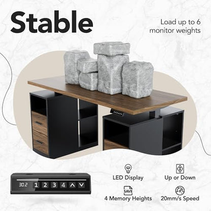 HUANUO 55" Standing Desk with Drawers, Executive Electric Height Adjustable Stand Up Desk with Storage, Black Walnut - size: 55"