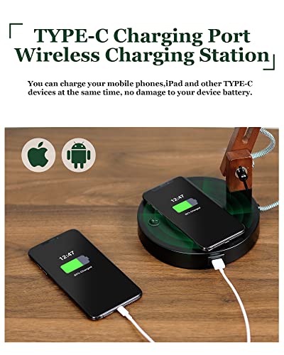 ELYONA Modern Sapele Wood Desk Lamp with Upgraded Wireless Charger & USB C Charging Port Swing Arm Table Lamp Bedside Reading Task Light for Dorm Office Bedroom Living Room LED Bulb Included Black - color: Upgrate Black
