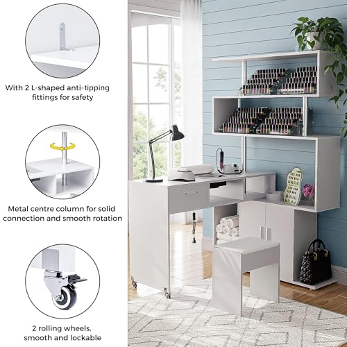 Kikihouse Manicure Table Nail Desk with Dust Collector, L-Shaped Nail Tech Desk with Stool, Two-Way Drawer, Cabinet & Storage Shelves, Rotating Reversible Manicure Workstation on Wheels (White) - color: White