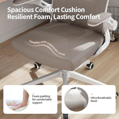 Office Chair Ergonomic Desk Chair with Lumbar Support&Headrest&Flip-up Arms Height Adjustable Rocking Swivel High Computer Chair Multi-Angle from 90° to 125° with 350LBS Capacity(White+Khaki-2) - color: White+khaki-2