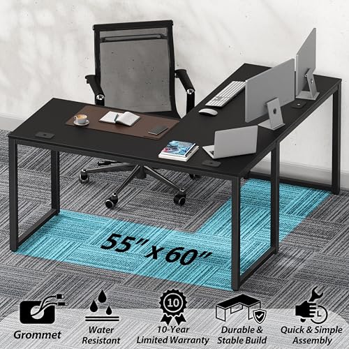 SHW 55 x 60 Commercial-Grade L-Shape Corner Office Computer Desk, Black - color: Black