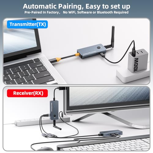 650Ft/200M Wireless USB-C to HDMI KVM Transmitter and Receiver Kit 1080P@60Hz Wireless KVM Long-Range USB Extender Support Screen Streaming & Keyboard/Mouse Signal Extension, PD100W Fast Charging - color: Silver