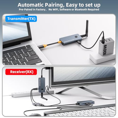 650Ft/200M Wireless USB-C to HDMI KVM Transmitter and Receiver Kit 1080P@60Hz Wireless KVM Long-Range USB Extender Support Screen Streaming & Keyboard/Mouse Signal Extension, PD100W Fast Charging - color: Silver