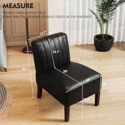 VIRRMO Armless Accent Chairs Set of 2 Upholstered Dining Chairs Living Room Chairs with Solid Wood Legs Bedroom Chair Leather Reading Chair Comfy Chair for Bedroom Vanity Kitchen (Black) - color: Leather-black