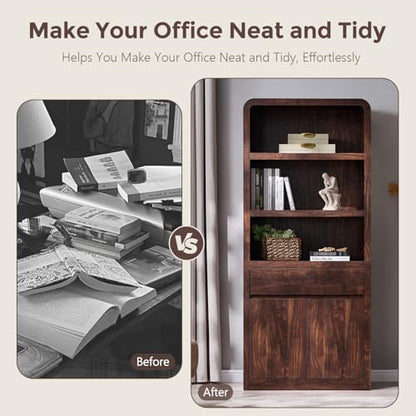 72" Tall Modern Bookshelf with Doors, 5-Tier Large Bookcase w/Drawer, Wooden Storage Cabinet w/Adjustable Shelves, Versatile Book Shelf w/Curved Profile Design for Living Room, Office, Brown - color: Brown