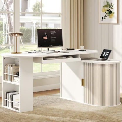HSH 60 Inch L Shaped Computer Desk, Reversible L Desks with Storage Cabinet - color: White