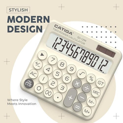 CATIGA Mechanical Switch Calculator with Solar and Battery Dual Power, 12-Digit Large LCD Display, Aesthetic and Cute Desktop Calculator with Big Button, for Home, School and Office Use, SD-1299 - color: Z) Beige