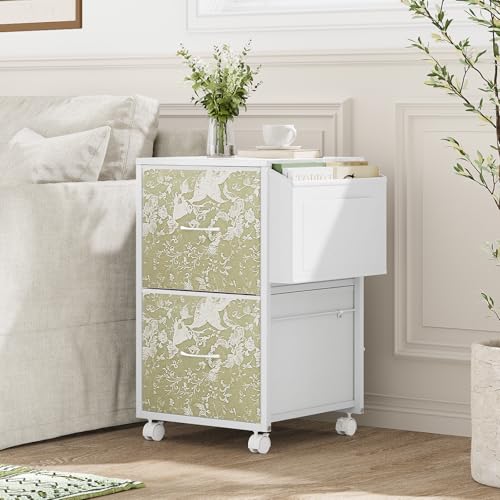VINGLI 2 Drawer File Cabinet with Side Bag, Rolling File Cabinet Mobile Under Desk File Cabinet with Wheels, Fabric Drawers Printer Stand for Home Office, Fits Letter Size, White Green - color: White Green, size: Small 2 Drawers