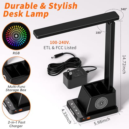 Study Desk Lamp for Office Home, Eye-Caring Desk Light with USB Port & RGB Phone Holder, 3 Color×4 Brightness, Adjustable Arm, Touch-Control Lamp for Kids/Reading (Black)