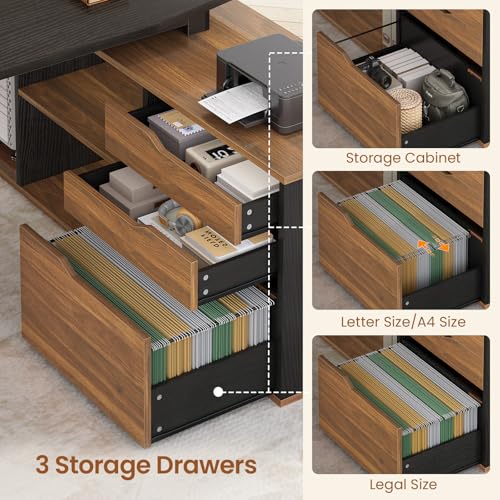 SEDETA 71" L Shaped Executive Desk with File Cabinet & Power Outlet | Computer Desk with 3 Storage Drawers, Adjustable Shelves, CPU Stand, Privacy Baffle, Modern Desk for Home Office, Walnut - color: Walnut