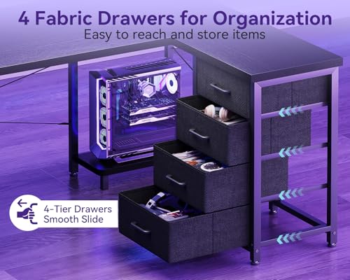AODK 53" L Shaped Gaming Desk with 4 Drawers and Power Outlets, Black - color: Black, size: 53 Inch