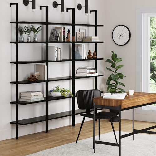 Nathan James Theo 6-Shelf Tall Bookcase, Wall Mount Bookshelf Wood Shelves and Metal Frame, Matte Black, Set of 3 - color: Black, size: Set of 3