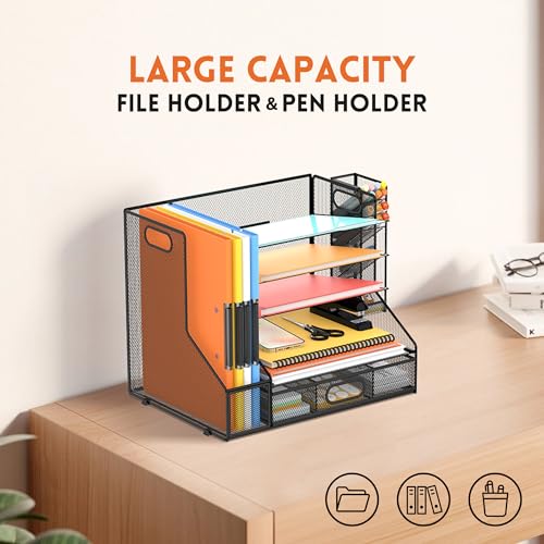 5-Tier Desk Organizer with File Holder & Pen Holder & Sliding Drawer, Black - color: Black