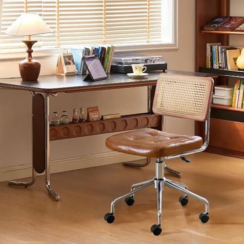 Zesthouse Leather Office Desk Chair with Wheels, Mid Century Rolling Desk Chair with Natural Rattan Back, Modern Swivel Home Office Chair, Small Height Adjustable Computer Task Chair, Brown - color: Brown, size: Armless