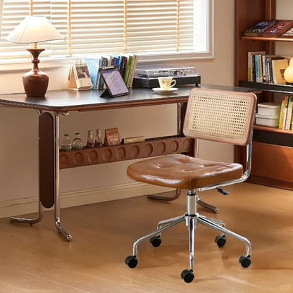Zesthouse Leather Office Desk Chair with Wheels, Mid Century Rolling Desk Chair with Natural Rattan Back, Modern Swivel Home Office Chair, Small Height Adjustable Computer Task Chair, Brown - color: Brown, size: Armless