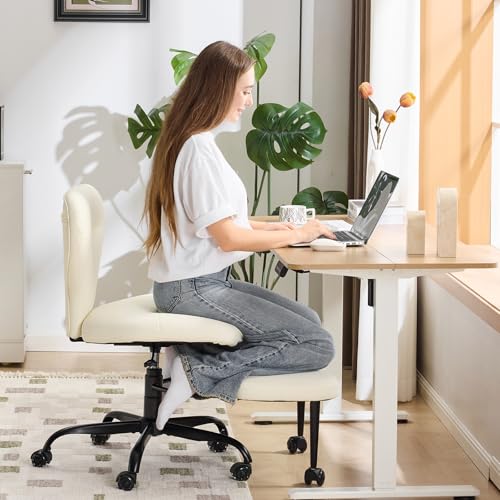 YFO Ergonomic Cross Legged Office Chair and ADHD Meditation Chair with Silent Wheels for Home Office Desk Chair and Yoga, Wider Backrest Support and Storage Pockets Design, PU Leather, Cream - color: Pu-cream