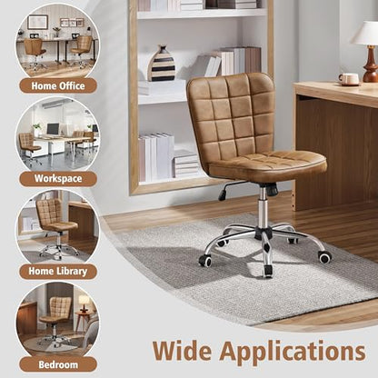 Yaheetech Retro Brown Tufted Armless Desk Chair with Wheels, Faux Leather - color: Retro Brown