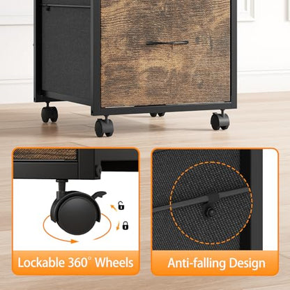VINGLI 3 Drawer File Cabinet 34.8” Height, Rolling File Cabinet Mobile Tall File Cabinet with Wheels, Fabric Drawers Printer Stand for Home Office, Fits Letter Size, Rustic Brown - color: Rustic Brown, size: High 3 Drawers