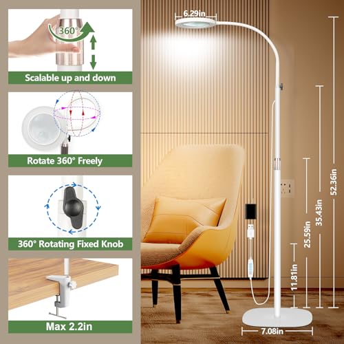 HITTI 10X & 30X Floor Magnifying Glass with Light, Standing Mag Lamp for Close Work, Esthetician, Jewellery, Crafts, Lash, Adjustable Color Modes and Flexible Gooseneck LED Lighted Magnifier(White)