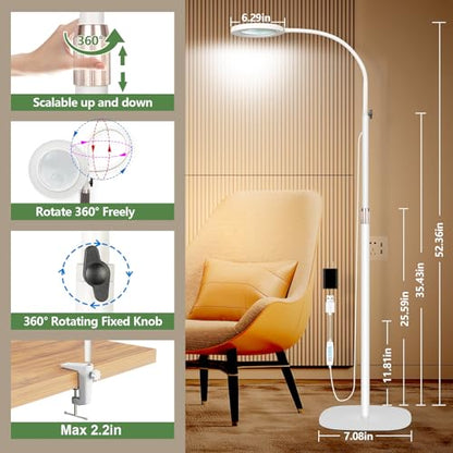HITTI 10X & 30X Floor Magnifying Glass with Light, Standing Mag Lamp for Close Work, Esthetician, Jewellery, Crafts, Lash, Adjustable Color Modes and Flexible Gooseneck LED Lighted Magnifier(White)