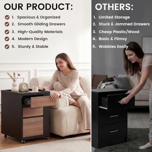Mobile File Cabinet Under Desk with 3 Drawer, Office Storage Cabinet | Rolling Wood Printer Stand w/ Unique Side Shelf for Binders, Large Capacity Organizer for Home Office