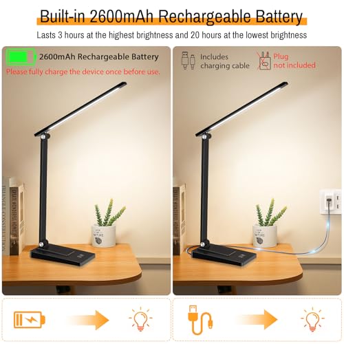 Rechargeable LED Desk Lamp, 800LM 2600mAh Reading Table Lamp - color: Black