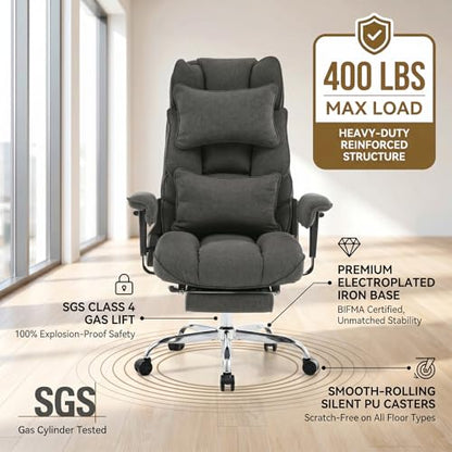 mokodo Big and Tall Office Chair 400lbs, Breathable Fabric Executive Desk Chair with Pocket Spring Cushion, 155° Reclining Computer Chair with Integrated Headrest & Lumbar Pillow (Dark Grey) - color: Dark Grey