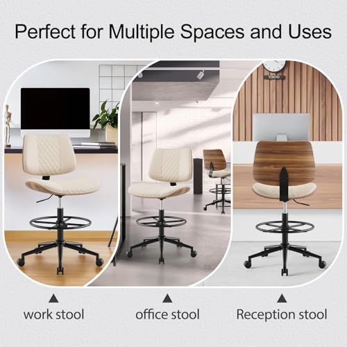 Drafting Chair with Adjustable Footrest, Rolling Walnut Stool, Beige - color: Beige