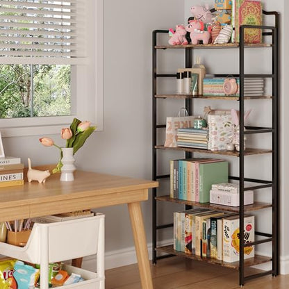 JSB 5 Tier No Assembly Folding Bookshelf, Arched Bookshelf, Foldable Bookcase for Living Room, Bedroom, Office,Skinny Bookshelf (Fire Brown) - color: Fire Brown, size: 5-Tier