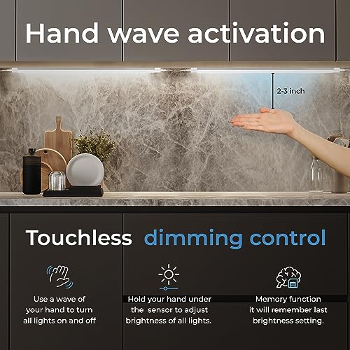 EShine Hand Wave Activated Under Cabinet LED Lighting Kit, Dimmable, 6-Pack 7 in - Touchless Dimming Control, Black Under Counter Lights for Kitchen, Garage, Office, Shelf - Warm White (3000K) - size: 6 pack