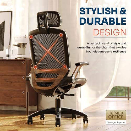 GABRYLLY Ergonomic Office Chair, High Back Home Desk Chair with Headrest, Flip-Up Arms, 90-120° Tilt Lock and Wide Cushion, Big and Tall Mesh Chairs for Man Woman, Black Task Chair(Dark Woodgrain) - color: Black Frame Dark Woodgrain
