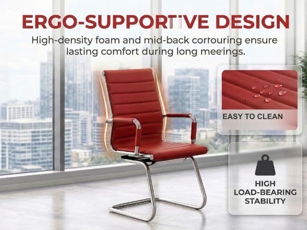 Office Desk Chair Set of 8,No Wheels PU Leather Computer Chairs Mid Back Guest Chairs with Seld Base for School/Reception/Conference/Waiting Room,Burgundy Red - color: Deep Red, size: 8PCS