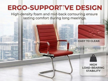 Office Desk Chair Set of 8,No Wheels PU Leather Computer Chairs Mid Back Guest Chairs with Seld Base for School/Reception/Conference/Waiting Room,Burgundy Red - color: Deep Red, size: 8PCS